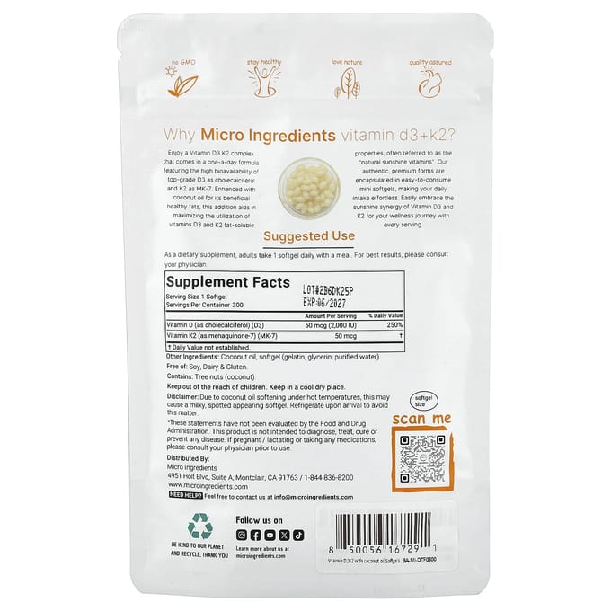 Micro Ingredients, Vitamine D3 + K2, 300 Softgels