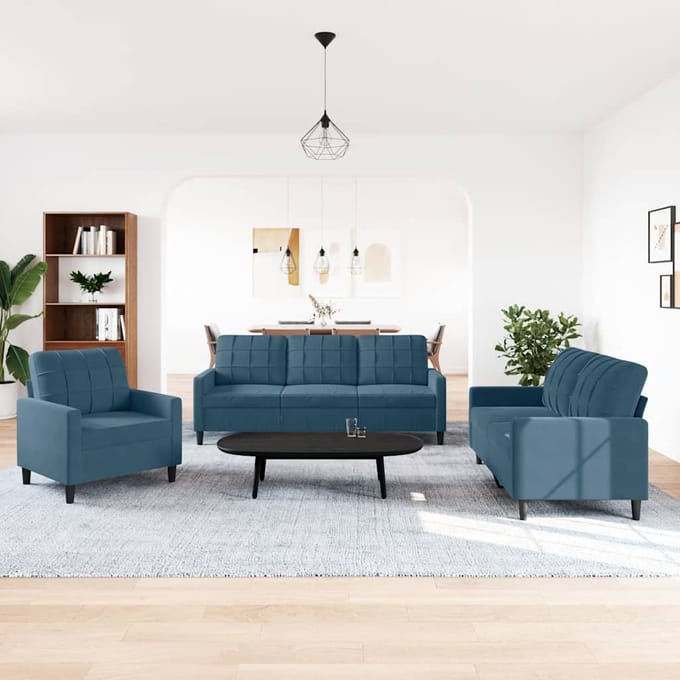 vidaXL - 3-delige - Loungeset - met - kussens - fluweel - blauw
