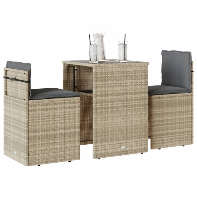 vidaXL - 3-delige - Bistroset - met - kussens - poly - rattan - lichtgrijs