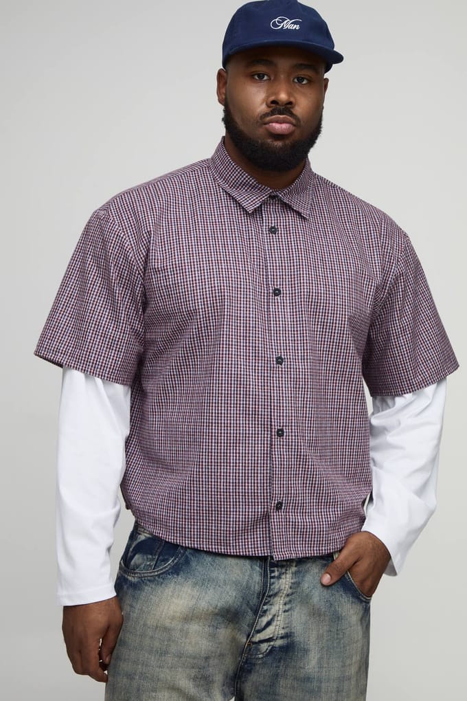 Plus Boxy Oversized Micro Check Neplaag Overhemd | Red | Size 2XL