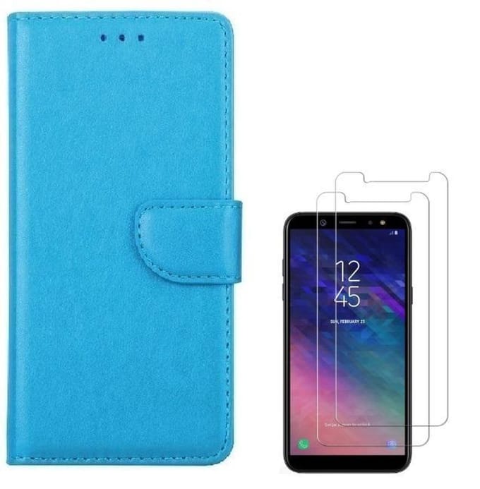 hoesje Geschikt voor: Samsung Galaxy A6 + Plus 2018 Portemonnee Turquoise met 2 stuks Glas Screen protector