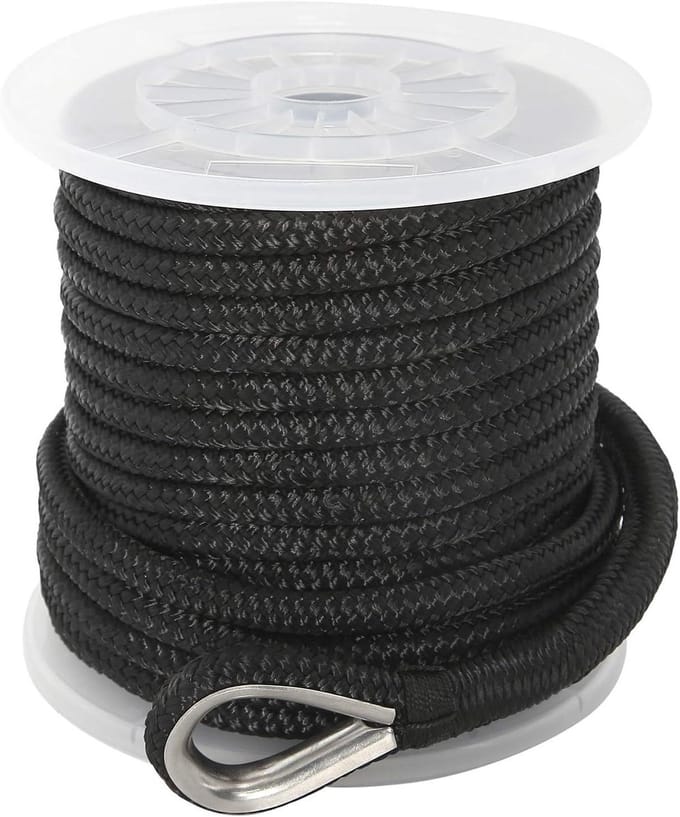 NovelBee 3/8 Inch X 150 Foot Double Braid Nylon Anchor Line with Stainless Steel Thimble and Plastic Chuck