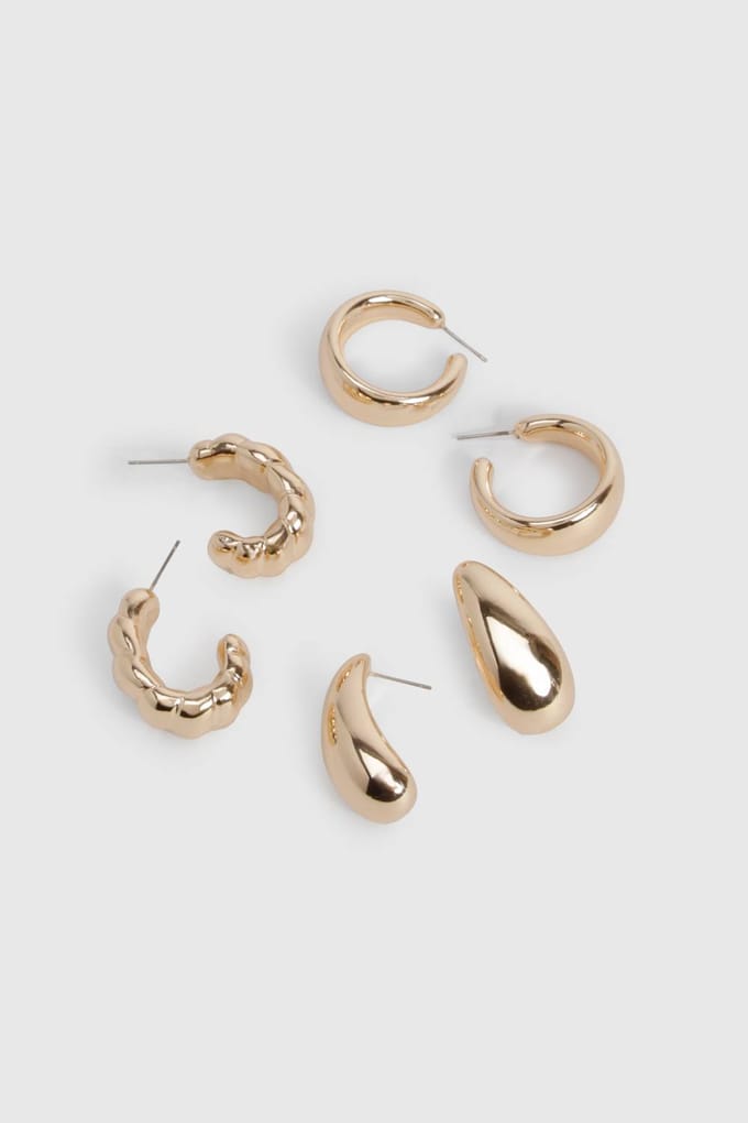 boohoo Dames 3-delige set gouden chunky hoepeloorbellen