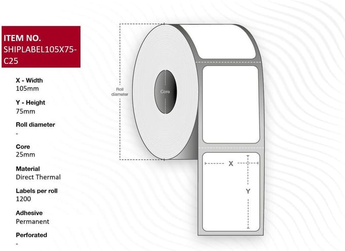 Verzendlabel 105 x 75mm, Kern 25mm. Direct Thermisch, 1200 labels per rol, 8 rollen per doos.