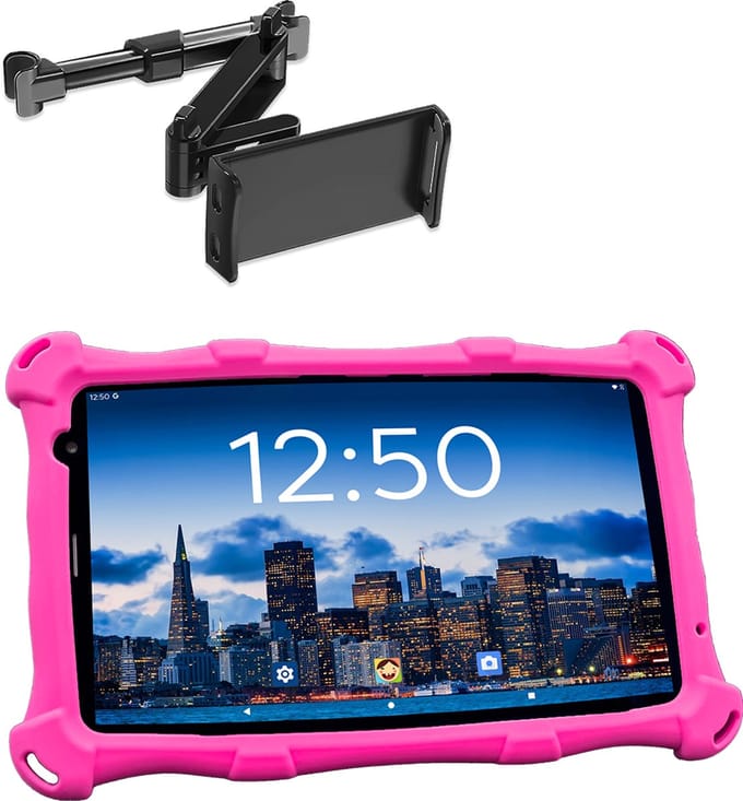 AngelTech OnderwegPakket PRO MAX – Kindertablet PRO MAX Roze + Tablethouder - Android 16 - Kindertablet Vanaf 3 Jaar – Kinder Tablet – Kids Tablet - Tablet voor Kinderen