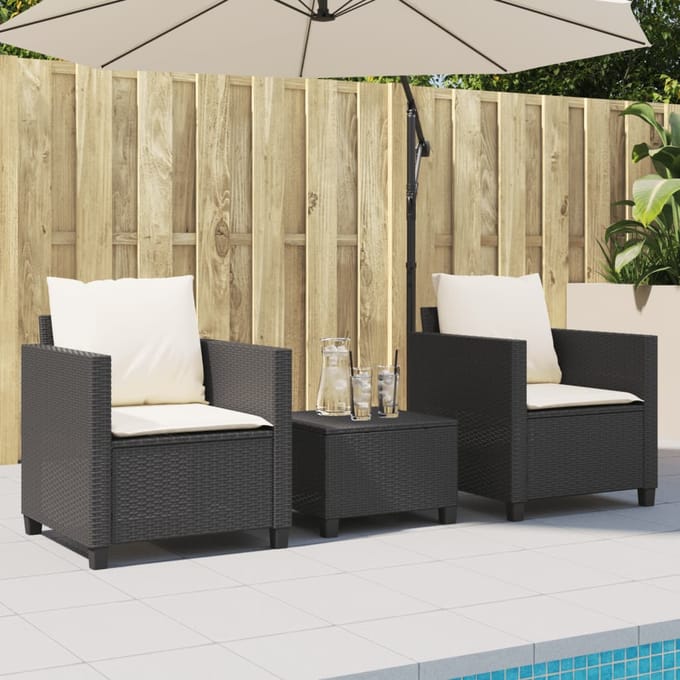 vidaXL - 3-delige - Bistroset - met - kussens - poly - rattan - zwart