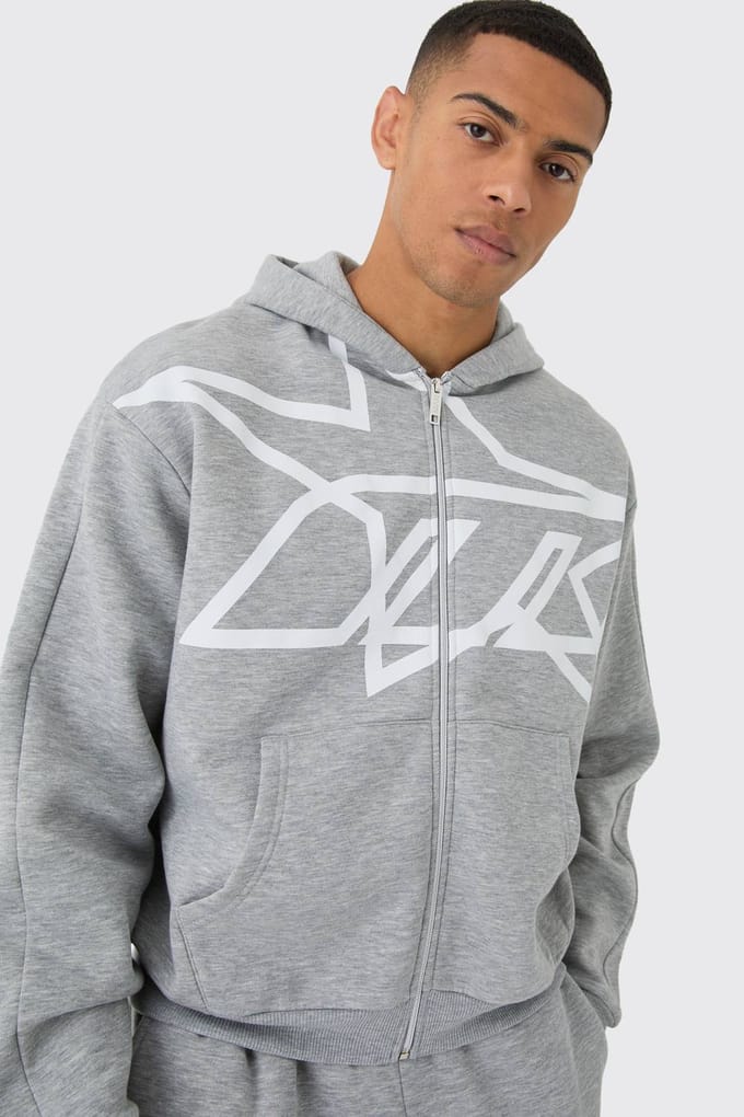 Oversized boxy hooded tracksuit met sterrenprint en ritssluiting | Grey Marl | Size Medium