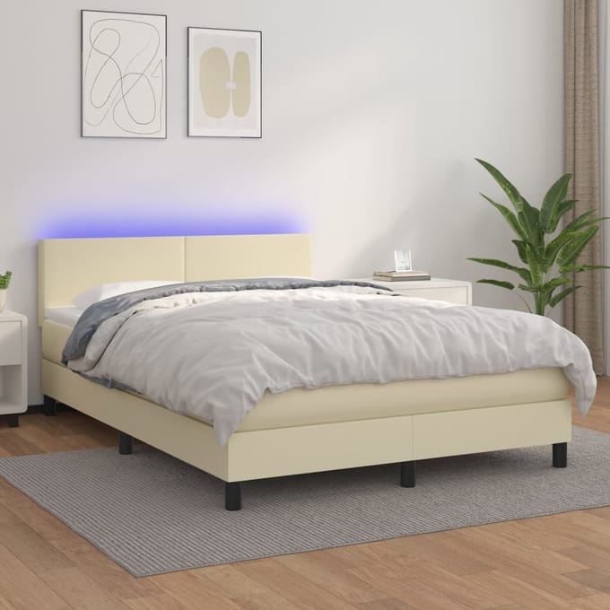 vidaXL - Boxspring - met - matras - en - LED - kunstleer - crèmekleurig - 140x190 - cm