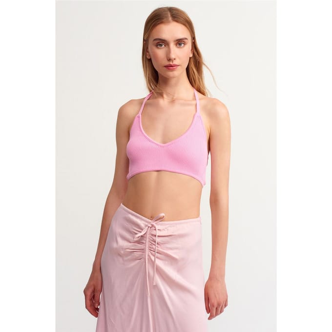 Fitted Geribbelde Halter Crop Blouse Met Strikdetail
