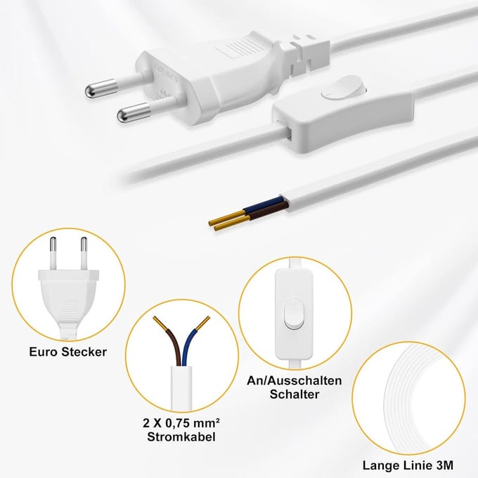 2x Stroomkabel met Tuimelschakelaar 8 Meter Wit - Europees Platte Stekker Vervangingskabel