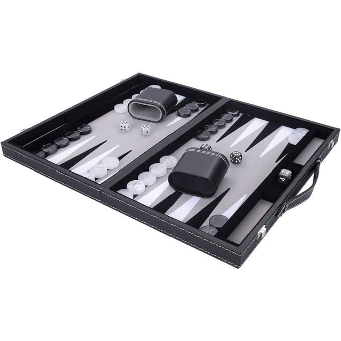 Backgammon 18 inch - Grijs, Zwart & Wit Ingelegd Bord - Luxe Zwarte Koffer met Handvat - Engelhart