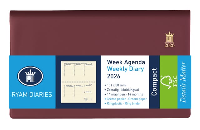 Agenda 2027 Ryam Compact Suprema 7dagen/2pagina's ringplastic bordeaux
