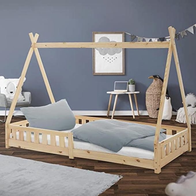 Kinderbed Tipi 90x200 cm - Natuurlijke Houten Kinderbed met Valbeveiliging