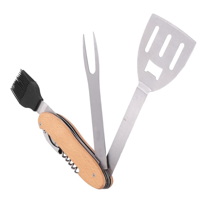 BBQ Gereedschap Set 5 in 1 Multifunctioneel Opvouwbaar Draagbaar Spatel Borstel Vork Flesopener Roestvrij gray