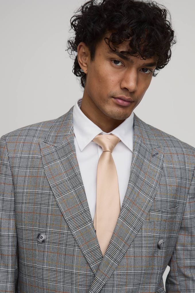 Checked Relaxed Fit Double Breasted Blazer | Grey | Size 48