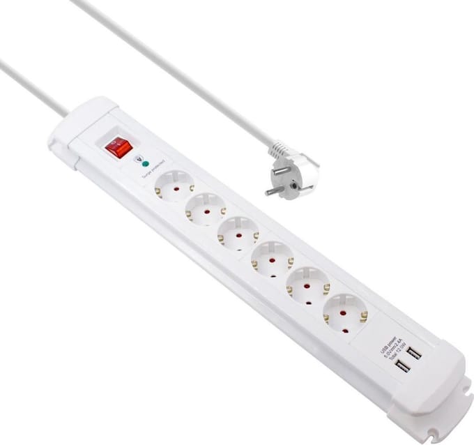 Stekkerdoos - 6 voudig - 2x USB - Aan/uit schakelaar - 2 meter - Wit - Allteq