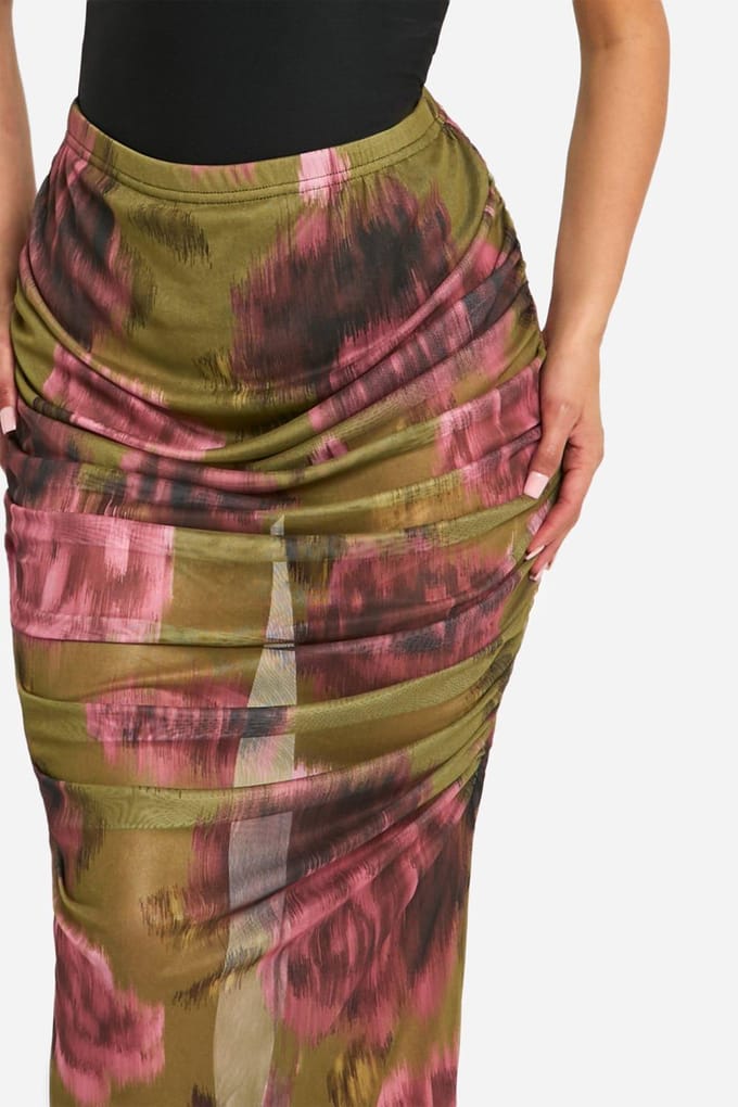 boohoo Dames Florale mesh maxi-rok met ruche details | Olijf | Maat: 38