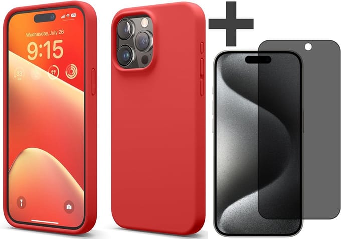 Hoesje met Privacy Screenprotector Geschikt voor iPhone 15 Pro Max Hoesje Siliconen - liquid case - Arara Backcover - Rood