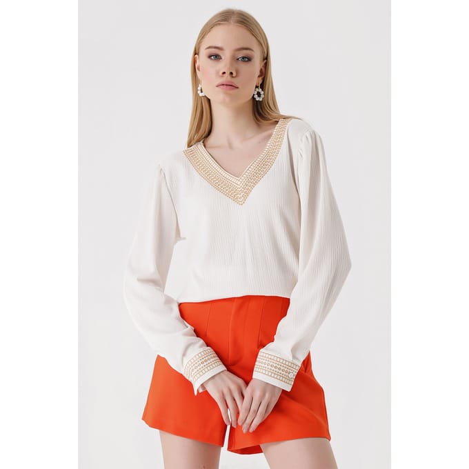 Geborduurde Textuur V-hals Blouse