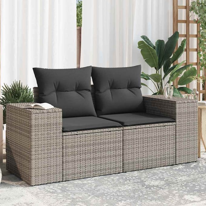 vidaXL - Tuinbank - 2-zits - met - kussens - poly - rattan - grijs