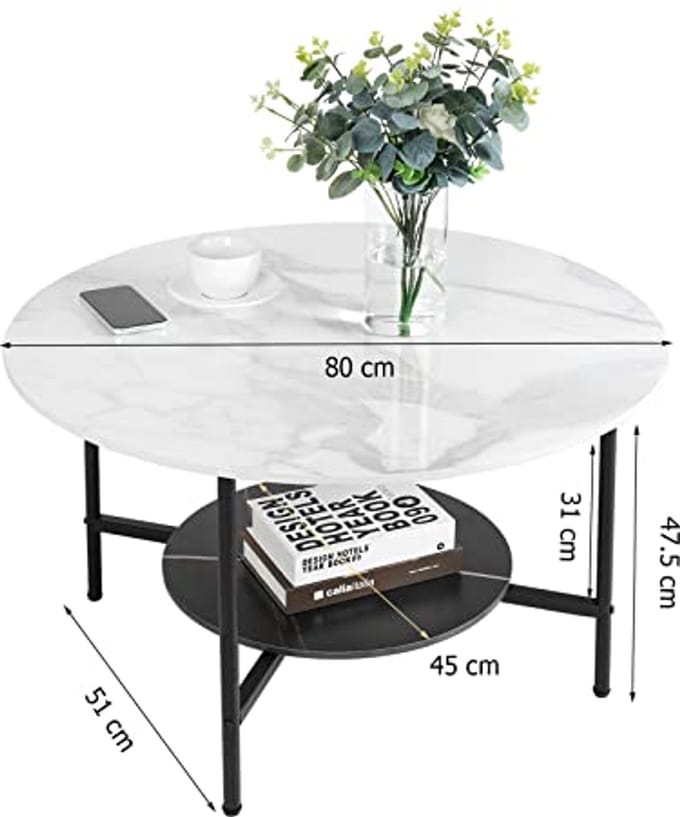 Moderne Salontafel Rond 80 cm - 2-laags Gesinterde Steen met Hoogglans Tafelblad en Mat Zwart Frame