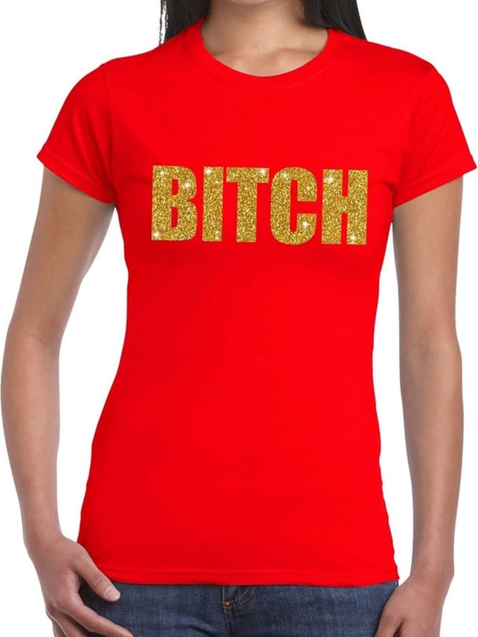 BITCH gouden glitter tekst t-shirt rood dames - dames shirt BITCH L