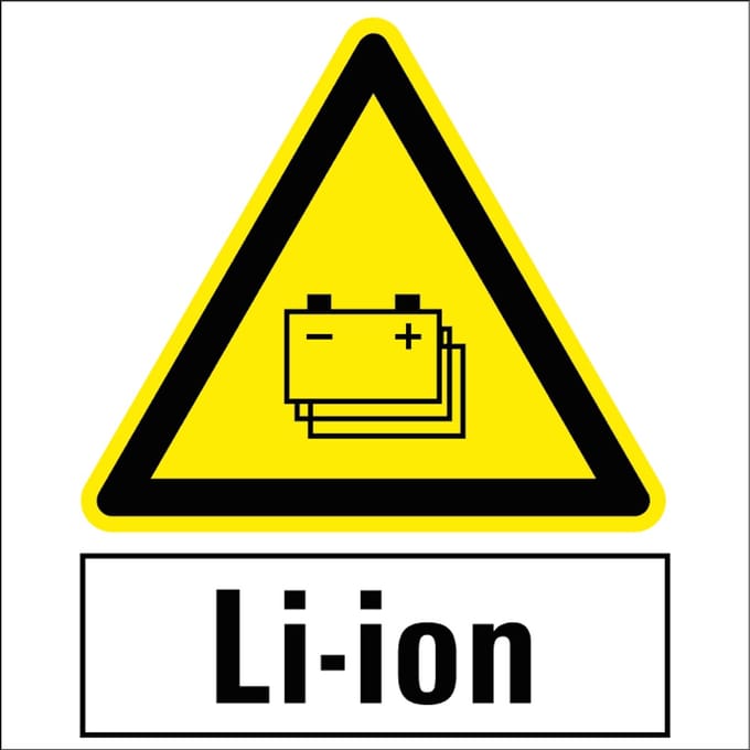 Pas op gestapelde batterijen sticker met tekst LI-ION 100 x 100 mm