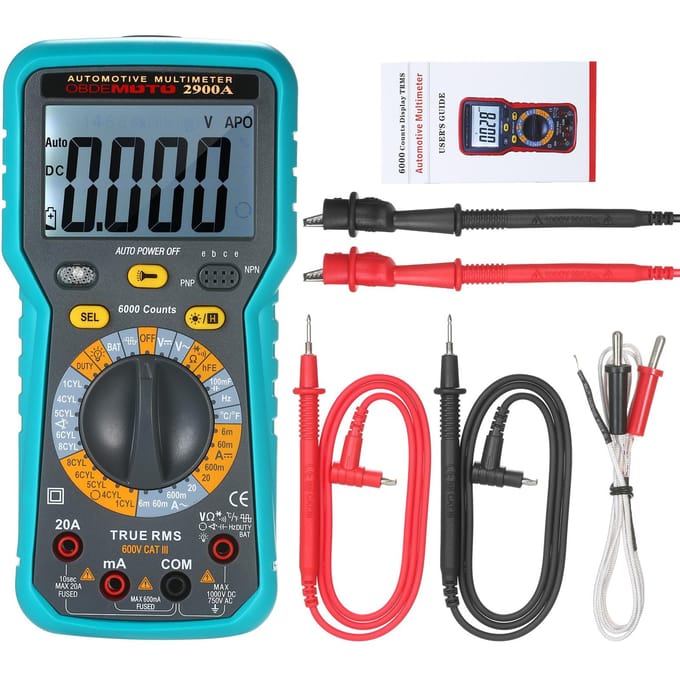 6000 Count LCD Digitale Automotive Multimeter True RMS Universele Tester met Zaklamp veelkleurig