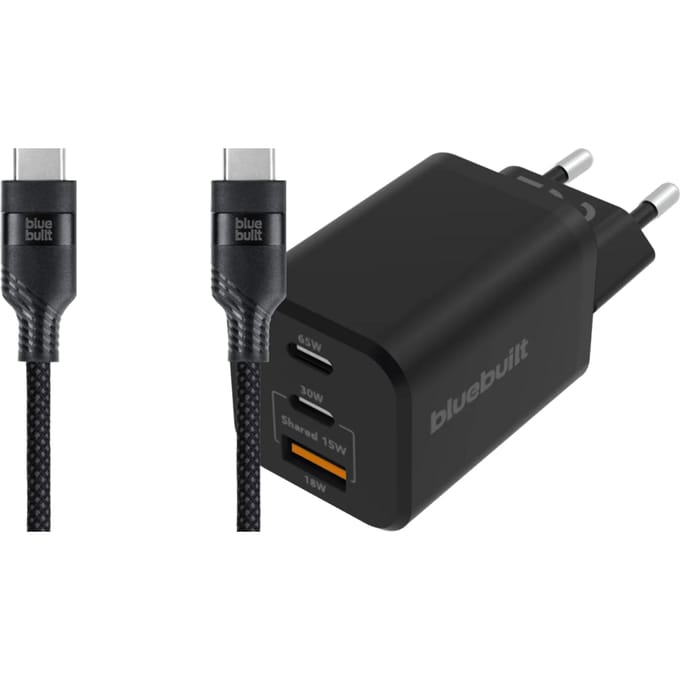 BlueBuilt Power Delivery Oplader 2 Usb C Poorten 65W + Usb C Kabel 3m Nylon Zwart