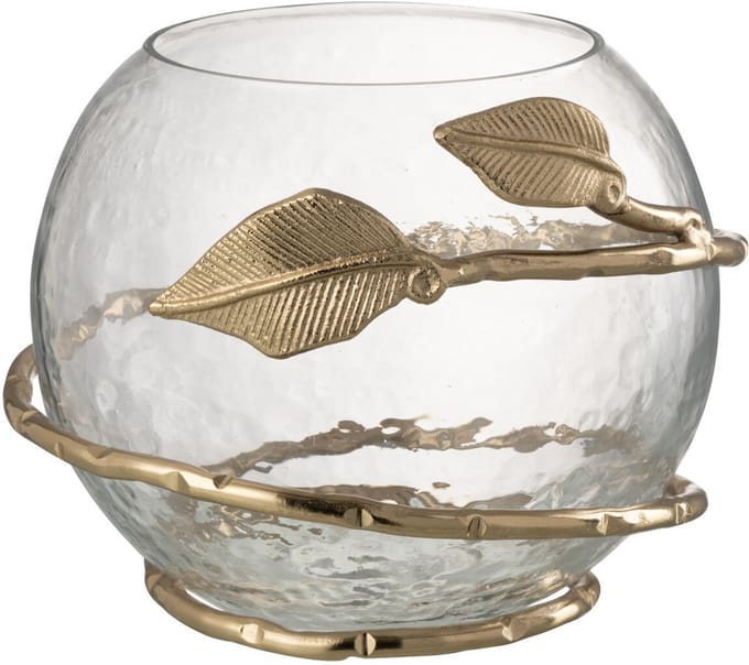 J-Line vaas Blad Schaal - glas/ijzer -transparant/goud - Ø 10 cm