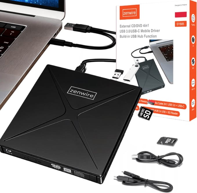 Zenwire SY885 Externe DVD Speler & CD/DVD Brander 4-in-1 - USB-C USB 3.0 - USB Hub - SD Kaartlezer - Windows Mac Linux