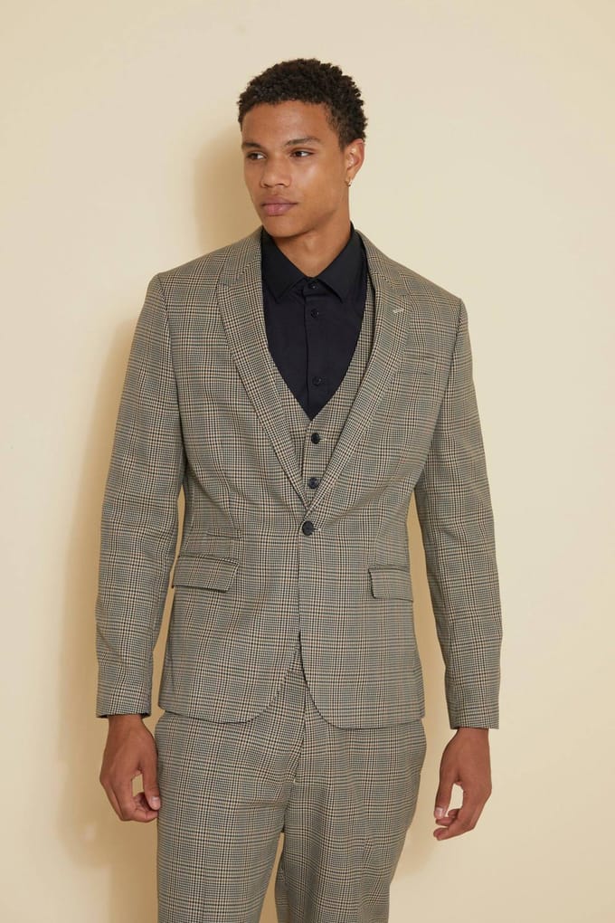 Slim Single Breasted Check Suit Jacket | Brown | Size 48R