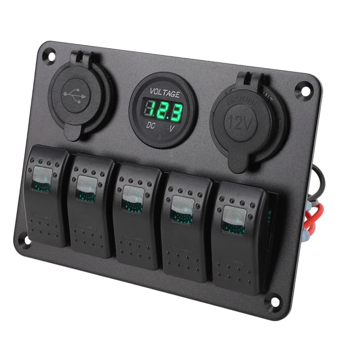 Schakelpaneel DC 12 tot 24V 5-voudig Aluminiumlegering IP65 Waterbestendig Voorbedraad Tuimelschakelaarpaneel