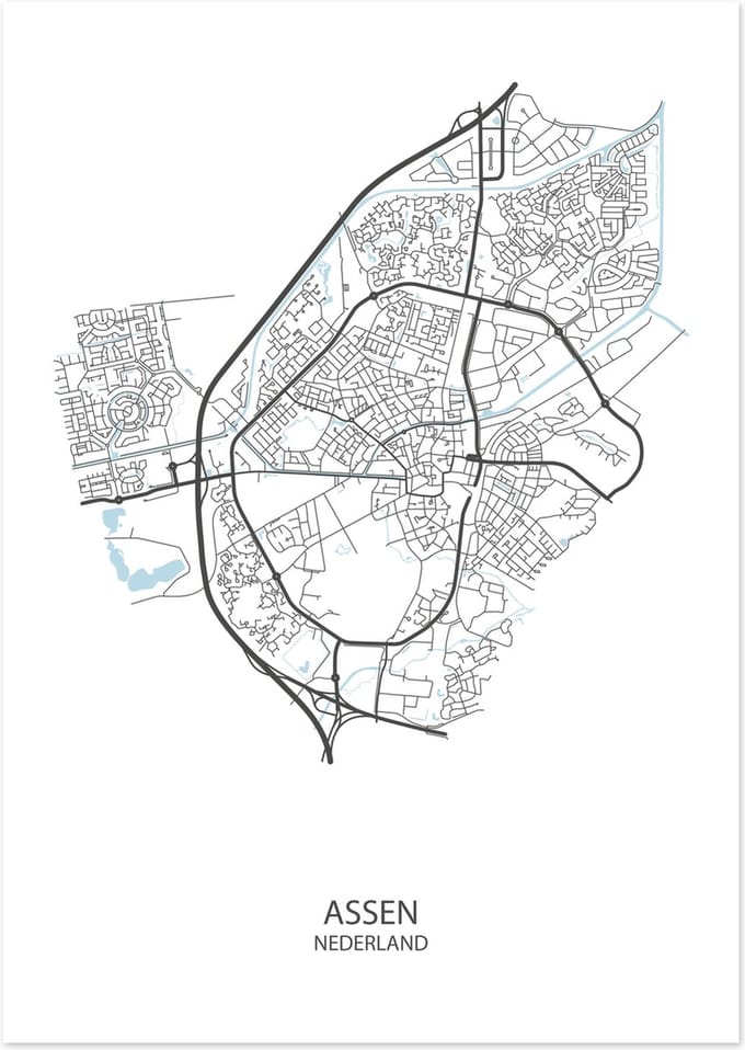 De Lange Koe Poster - Assen Plattegrond - 42 X 29.7 Cm - Wit