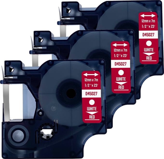 DULA Dymo D1 45027 Compatible label tape - 3 lettertapes - Wit op rood - 12mm x 7m