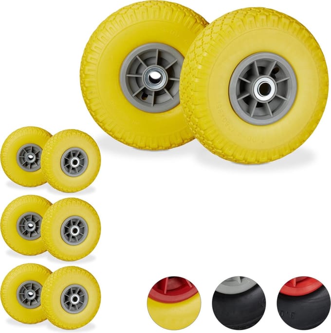 8x steekwagenwiel - 3.00-4 - rubberband - kogellager - 20 mm as - geel-grijs