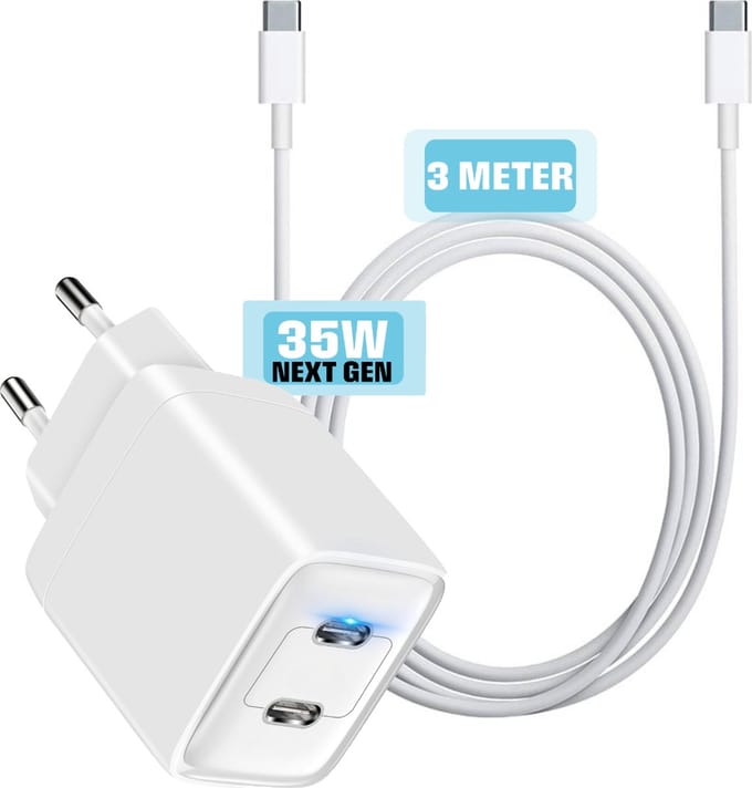 Snellader usb C - 3 Meter - Usb C Stekker 2 Poorten - Usb C naar usb C - 35w - GaN - Snel - Klein - Lange usb C Kabel - Gecertificeerd