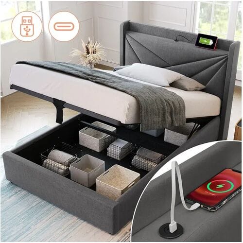 Merax Opbergbed 90 x 200 cm met hoofdeinde - USB + type C - linnen stof - grijs