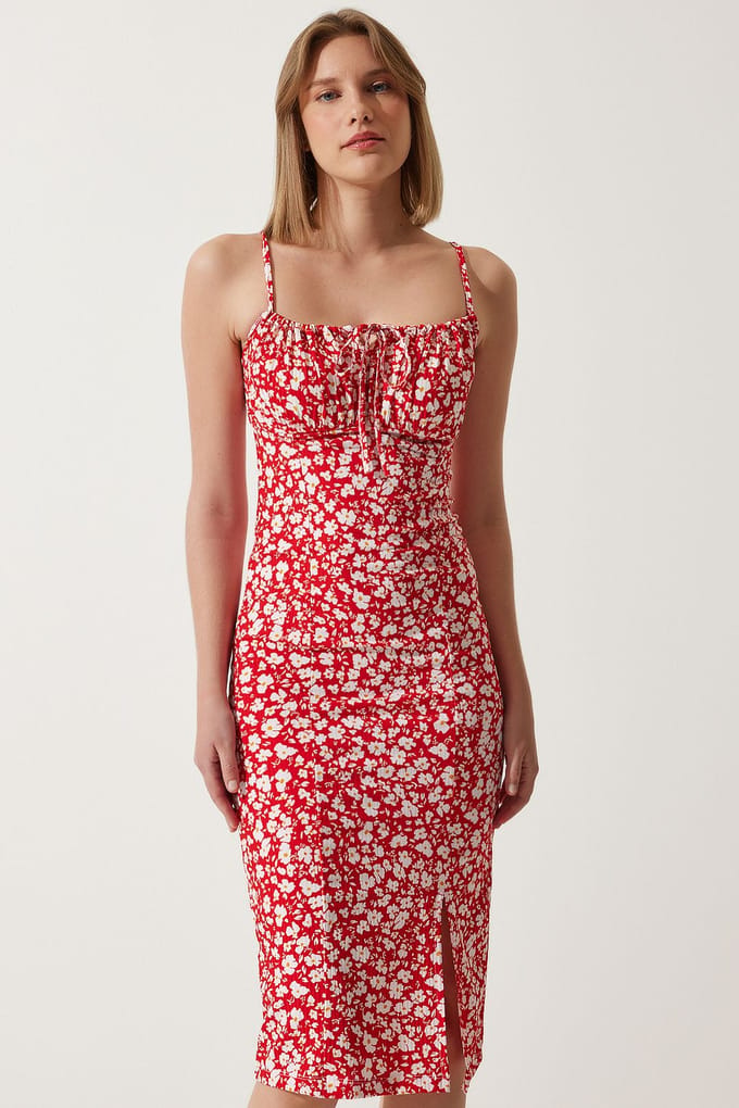 Bloemengebroken Ribbel Bodycon Midi-jurk met Split