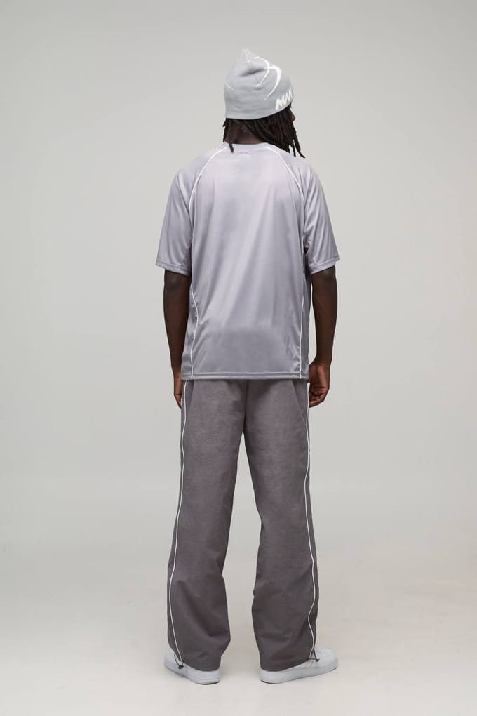 Relaxed Fit Nylon Piping Detail Track Pants | Grey | Size Medium