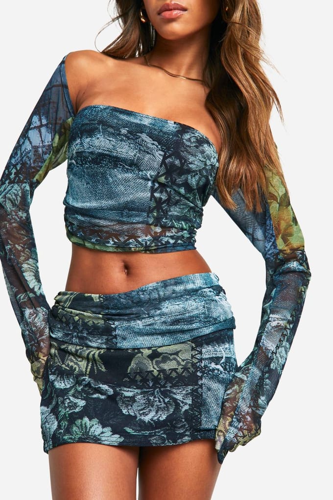 boohoo Dames Bedrukte Mesh Micro Mini Rok | Maat: 42