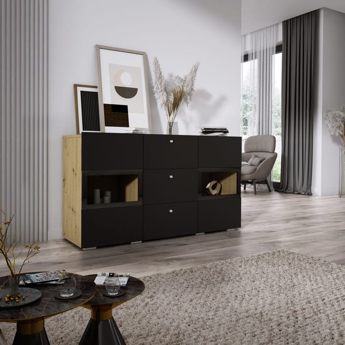 Meubel Square - Dressoir Belix - Eiken / Mat Zwart - Commode