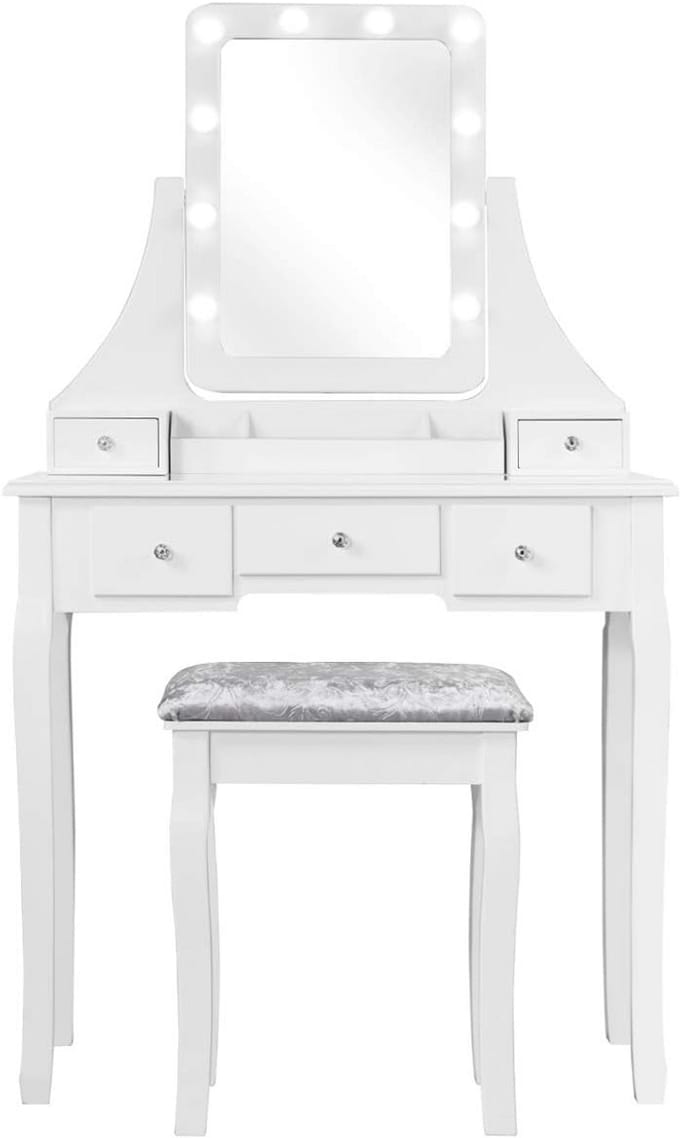 Complete Make-up Tafel met Kruk en 360° Draaibare Spiegel met Dimbare LED Verlichting