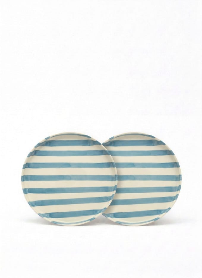 vtwonen - Borden - Lunchbord - Strepen - Blauw - Set van 2 - Keramiek - 20cm