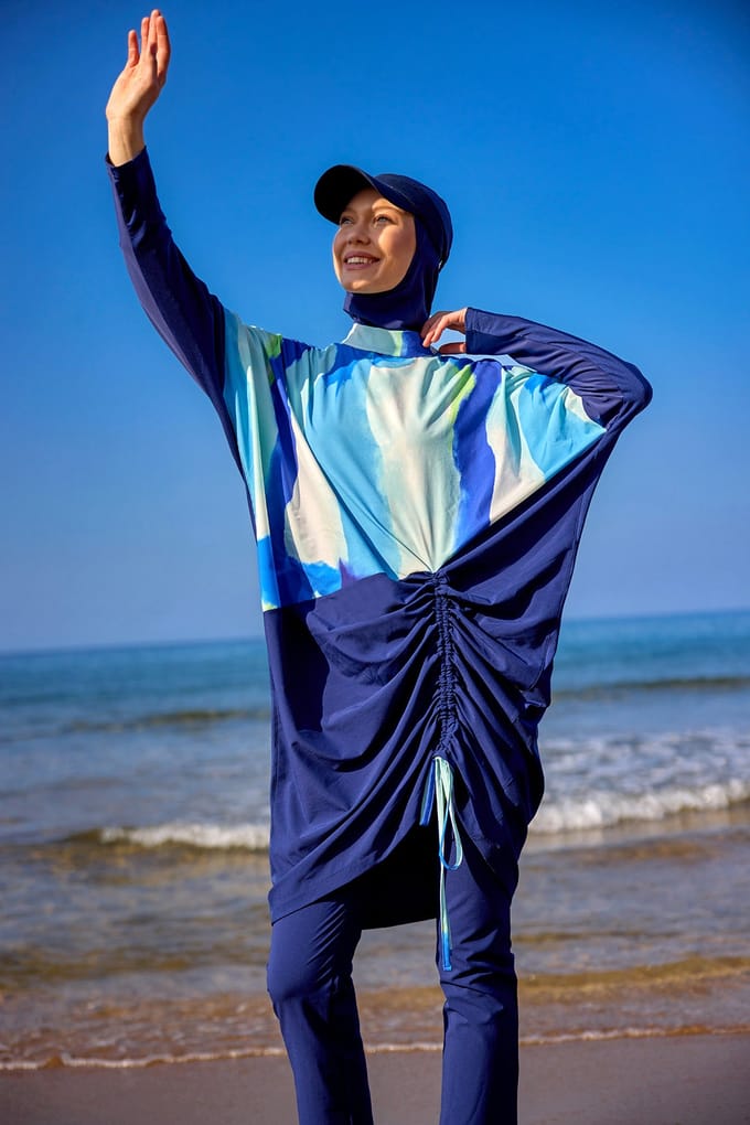 Marineblauwe, bescheiden badmode Burkini-set met volledige dekking
