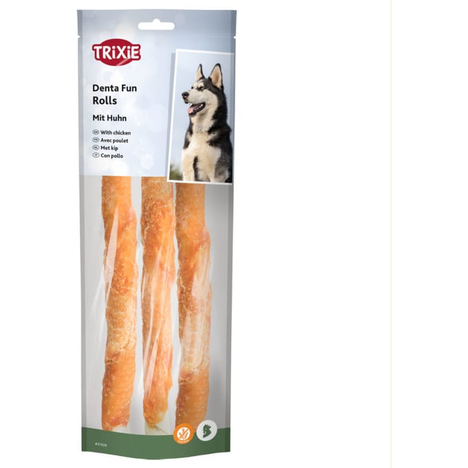 4x250g Trixie Denta Fun Chicken Chew Rolls ca. 28cm Hondensnacks