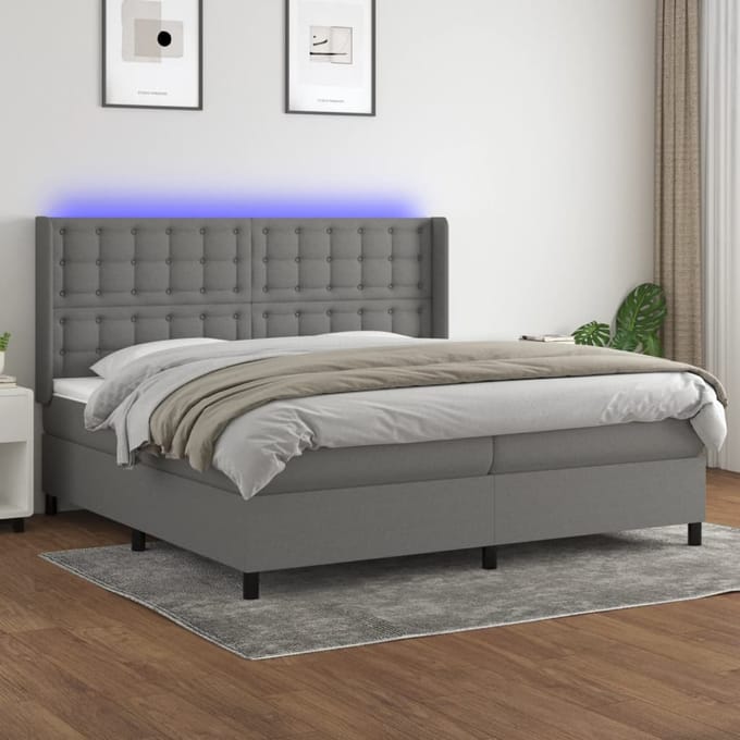 vidaXL - Boxspring - met - matras - en - LED - stof - donkergrijs - 200x200 - cm