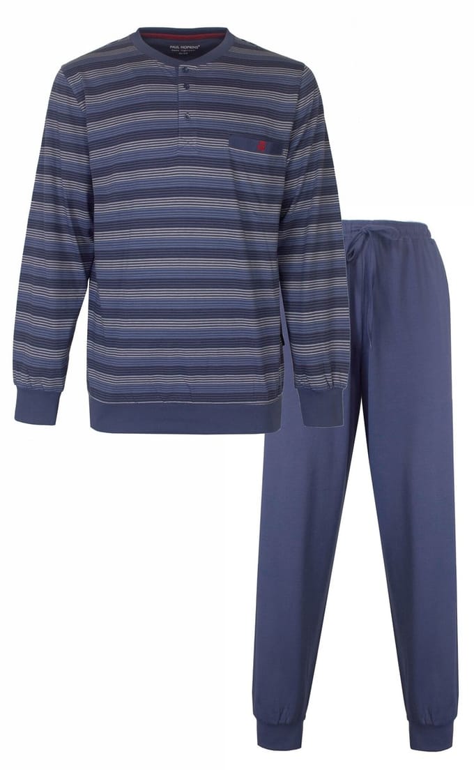 Paul Hopkins Heren Pyjama - Gestreept Dessin - Polo Sluiting - Blauw - Maat S