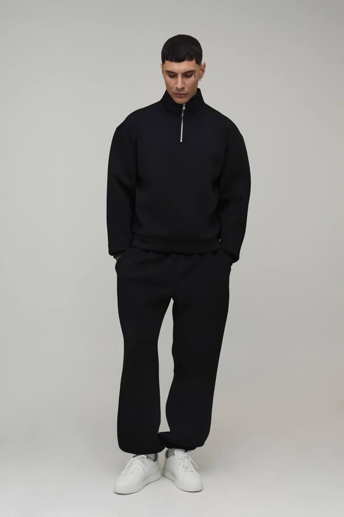Tall Oversized Boxy Bonded Scuba Zip Funnel Neck & Oversized Jogger Tracksuit | Black | Size Medium