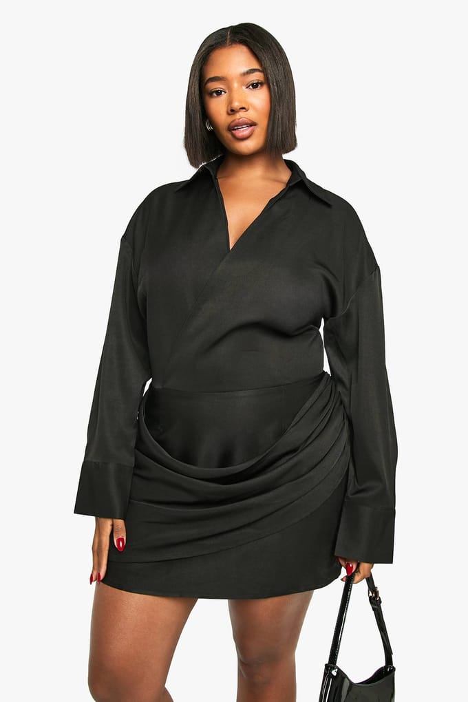 boohoo Dames Plus Wrap Shirtjurk | Zwart | Maat: 44